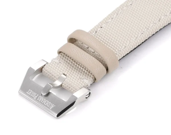 461892AB-E8DD-42B7-990B-362119DE7C33.webp watch Audemars Piguet CODE 11.59 Stainless Steel Watch with Smoked Dial and Beige Fabric Strap, 41mm