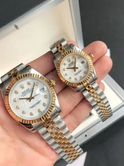 Couple Watches Rolex Datejust 36/28mm RG/SS Jub White/Dial