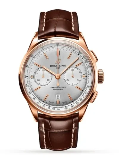 Breitling Premier Men Automatic Silver Alligator Watch RB0118371G1P1