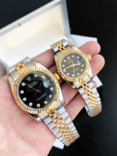 Couple Watches Rolex Datejust 36/28mm RG/SS Jub Black/Dia