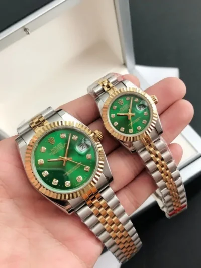 Couple Watches Rolex Datejust 36/28mm RG/SS Jub Green/Dial
